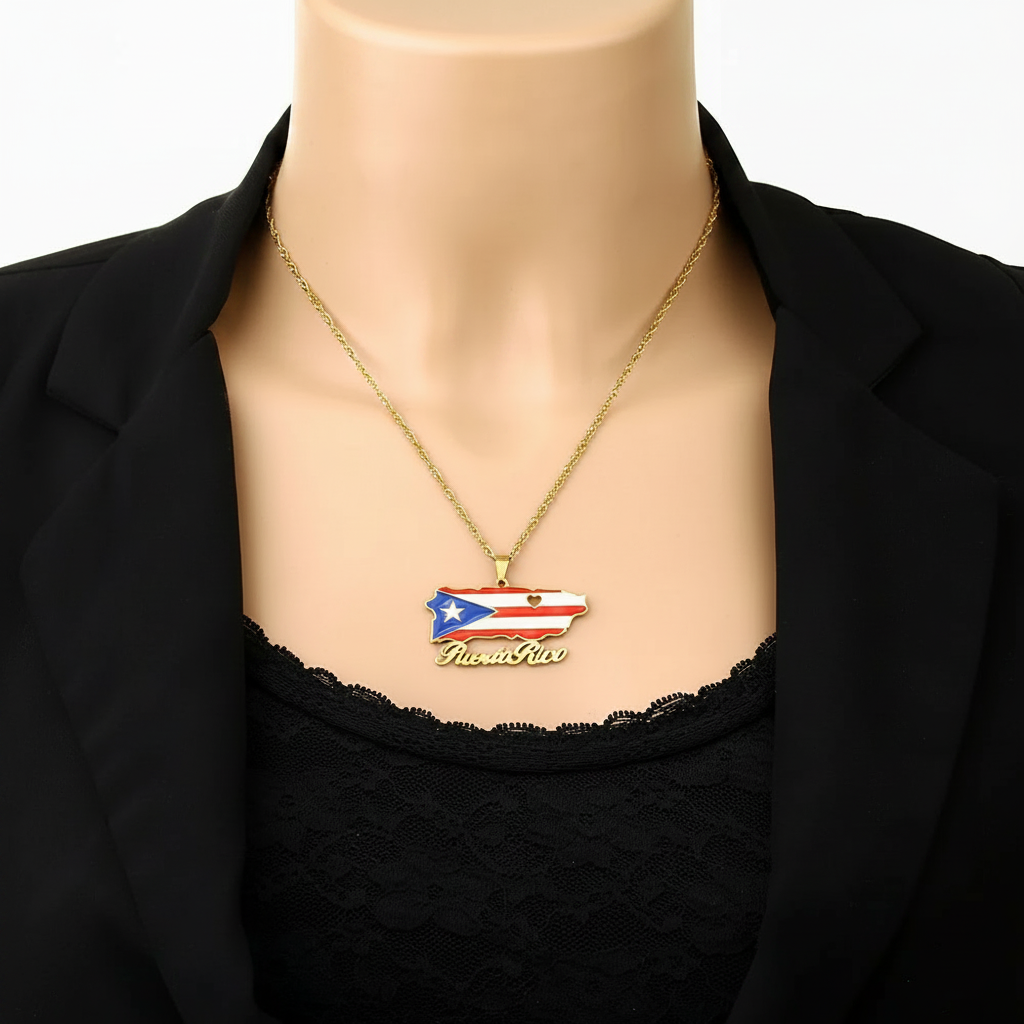 Fashion Stainless Steel US Puerto Rico Map Flag Pendant Necklace for Men Women Gold Silver Color Maps Jewelry Gift