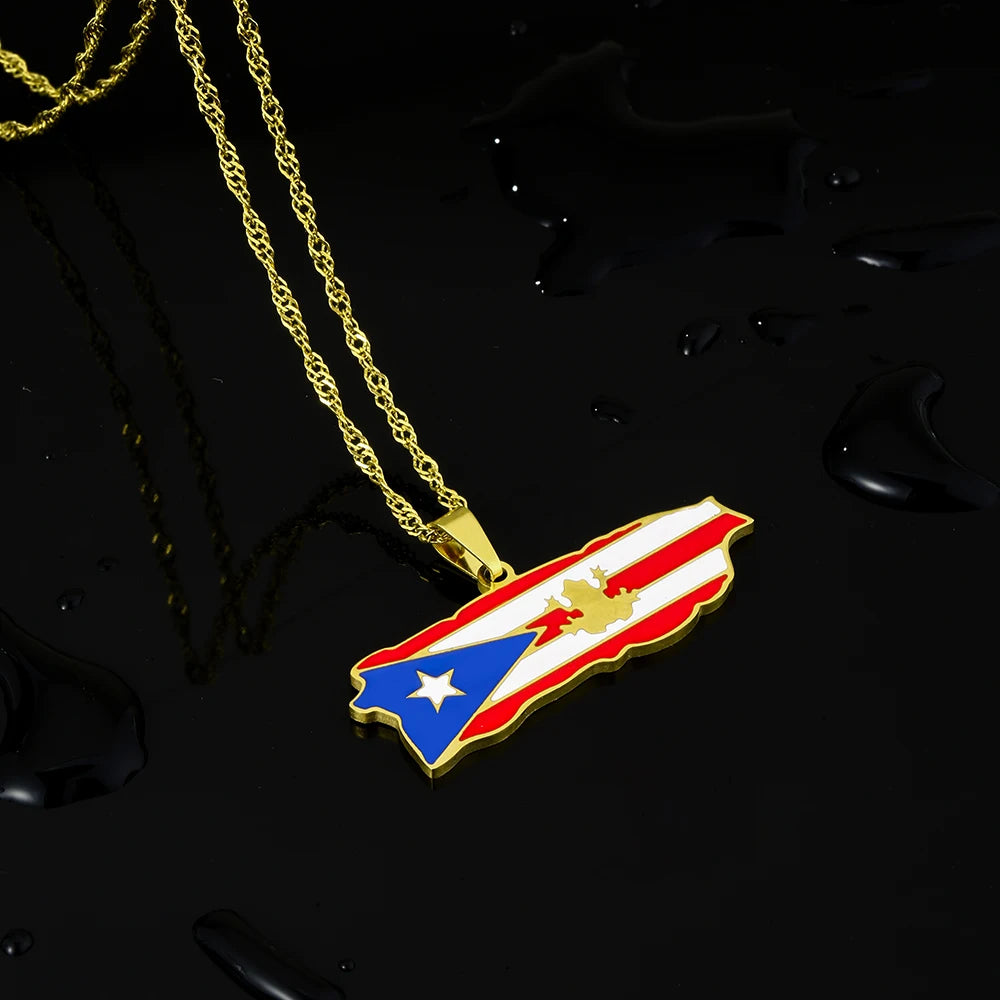 Fashion Stainless Steel US Puerto Rico Map Flag Pendant Necklace for Men Women Gold Silver Color Maps Jewelry Gift - Metal Color: N156-4, Length: 50cm