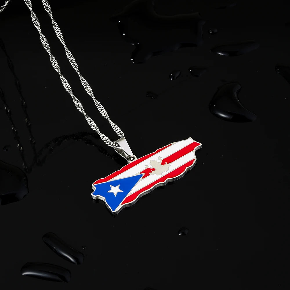 Fashion Stainless Steel US Puerto Rico Map Flag Pendant Necklace for Men Women Gold Silver Color Maps Jewelry Gift - Metal Color: N156-8, Length: 50cm