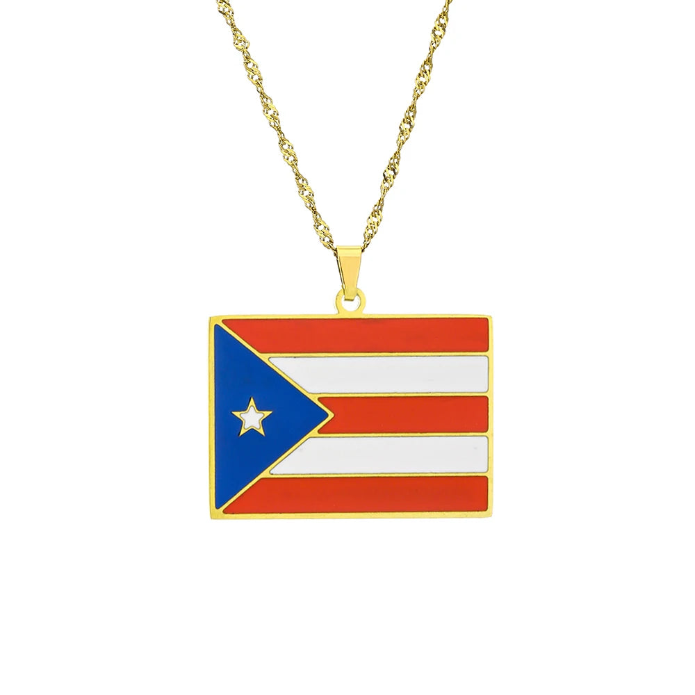 Fashion Stainless Steel US Puerto Rico Map Flag Pendant Necklace for Men Women Gold Silver Color Maps Jewelry Gift - Metal Color: N156-11, Length: 50cm