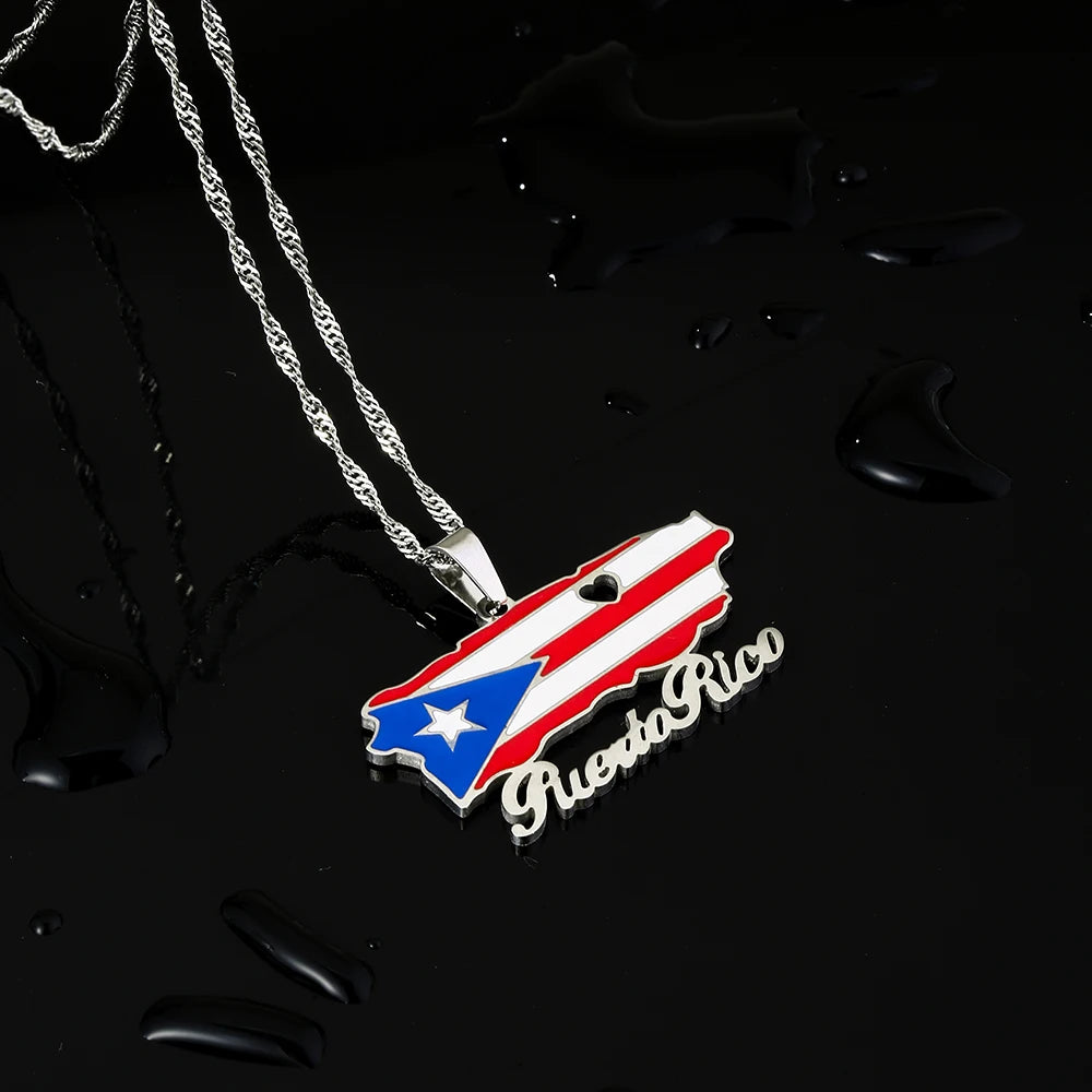 Fashion Stainless Steel US Puerto Rico Map Flag Pendant Necklace for Men Women Gold Silver Color Maps Jewelry Gift - Metal Color: N156-7, Length: 50cm
