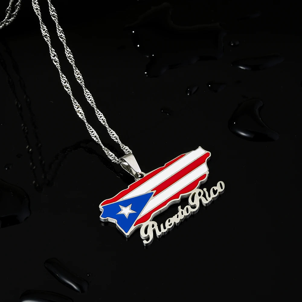 Fashion Stainless Steel US Puerto Rico Map Flag Pendant Necklace for Men Women Gold Silver Color Maps Jewelry Gift - Metal Color: N156-6, Length: 50cm
