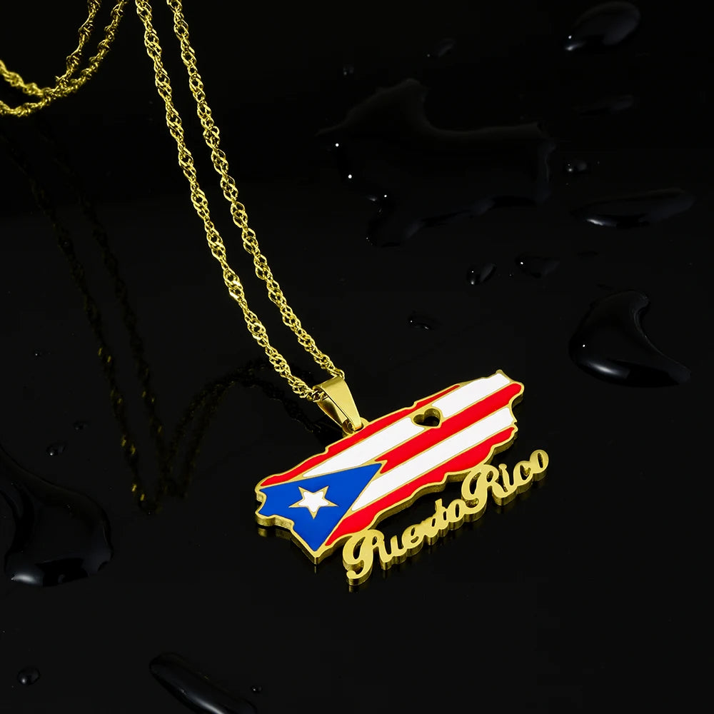 Fashion Stainless Steel US Puerto Rico Map Flag Pendant Necklace for Men Women Gold Silver Color Maps Jewelry Gift - Metal Color: N156-3, Length: 50cm