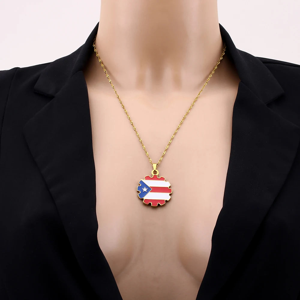 Fashion Stainless Steel US Puerto Rico Map Flag Pendant Necklace for Men Women Gold Silver Color Maps Jewelry Gift