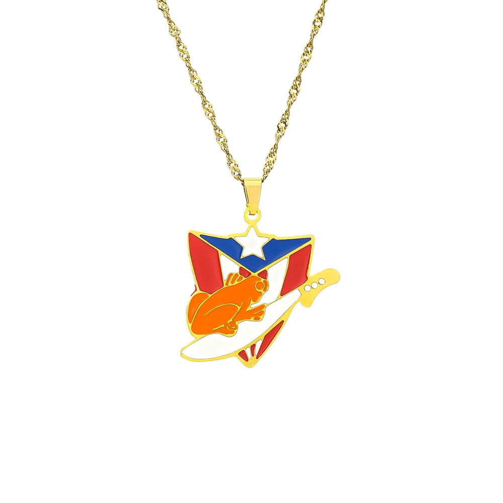 Fashion Stainless Steel US Puerto Rico Map Flag Pendant Necklace for Men Women Gold Silver Color Maps Jewelry Gift - Metal Color: N156-13, Length: 50cm