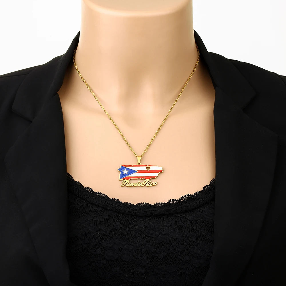 Fashion Stainless Steel US Puerto Rico Map Flag Pendant Necklace for Men Women Gold Silver Color Maps Jewelry Gift
