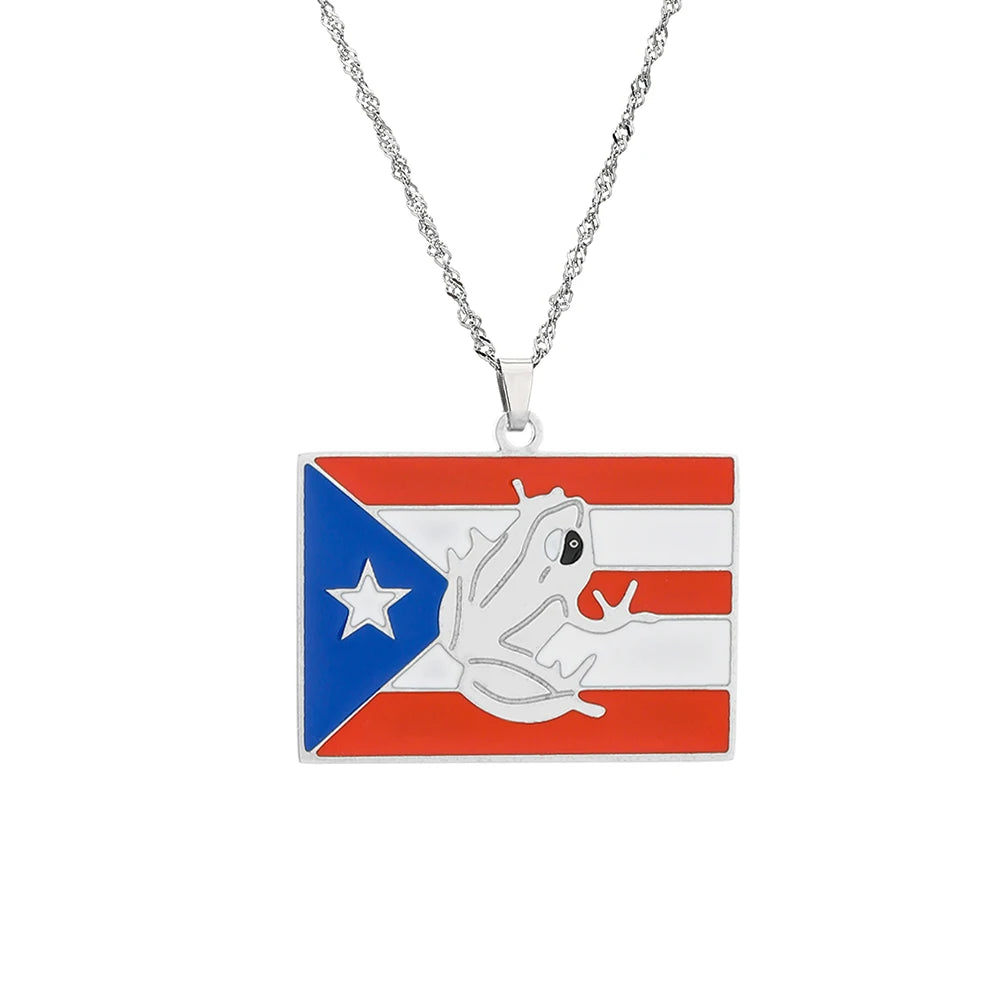 Fashion Stainless Steel US Puerto Rico Map Flag Pendant Necklace for Men Women Gold Silver Color Maps Jewelry Gift - Metal Color: N156-10, Length: 50cm