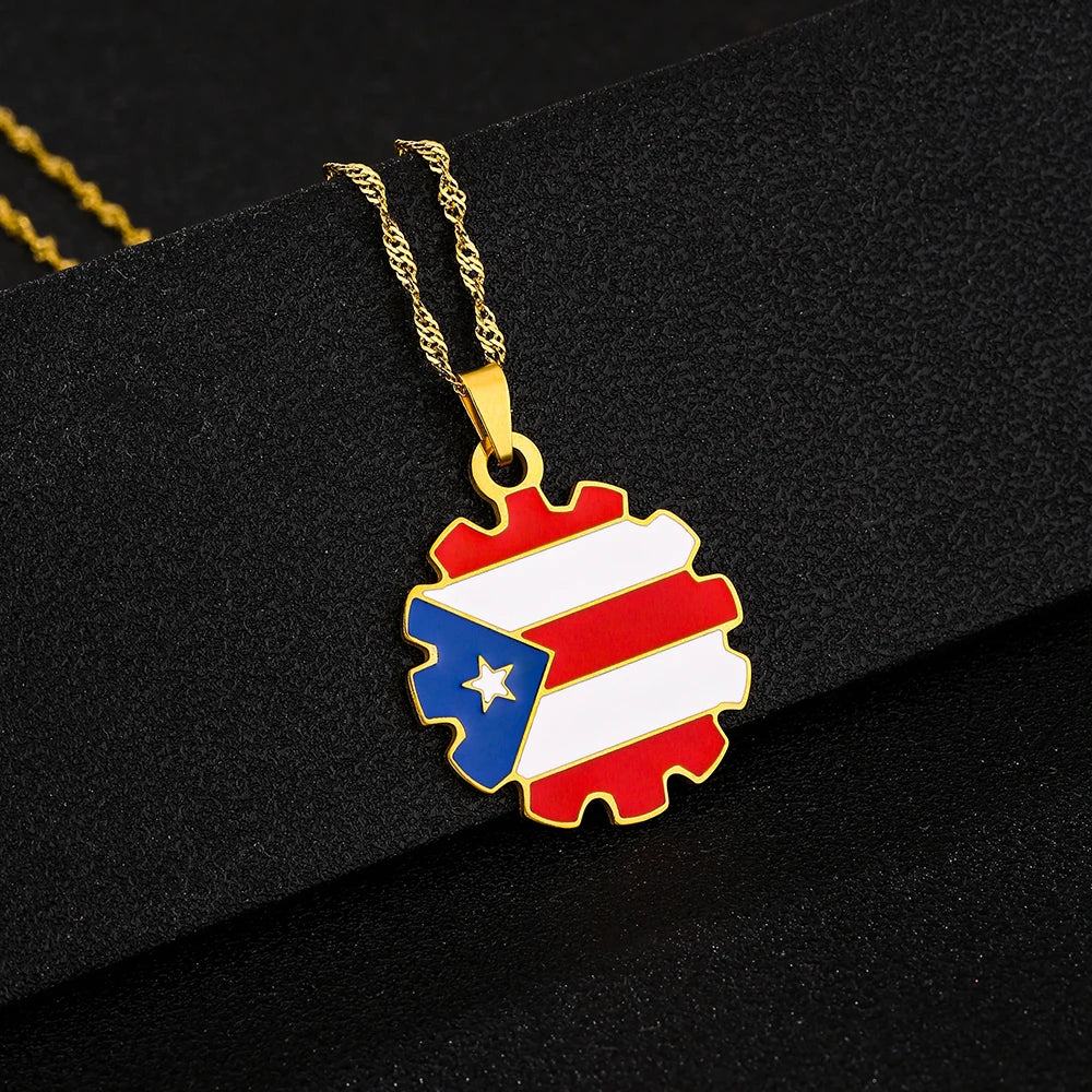 Fashion Stainless Steel US Puerto Rico Map Flag Pendant Necklace for Men Women Gold Silver Color Maps Jewelry Gift - Metal Color: N156-2, Length: 50cm