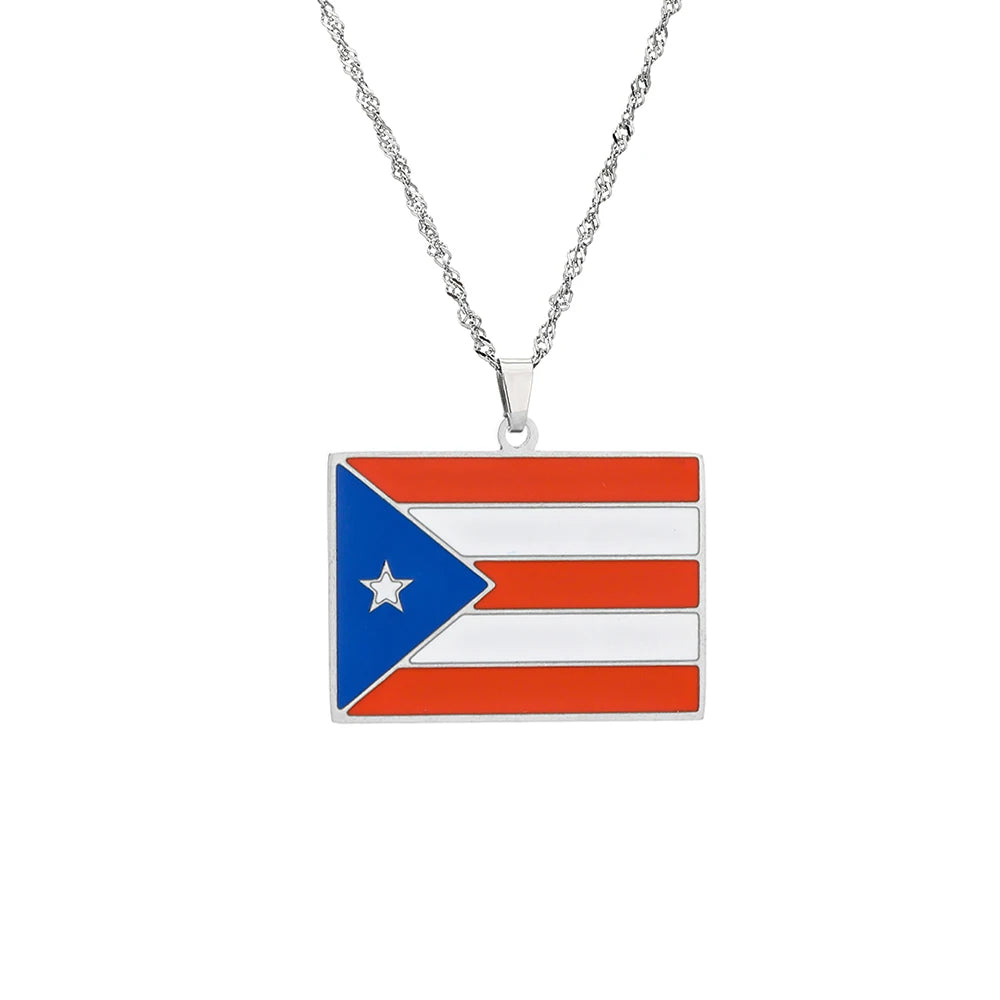 Fashion Stainless Steel US Puerto Rico Map Flag Pendant Necklace for Men Women Gold Silver Color Maps Jewelry Gift - Metal Color: N156-12, Length: 50cm