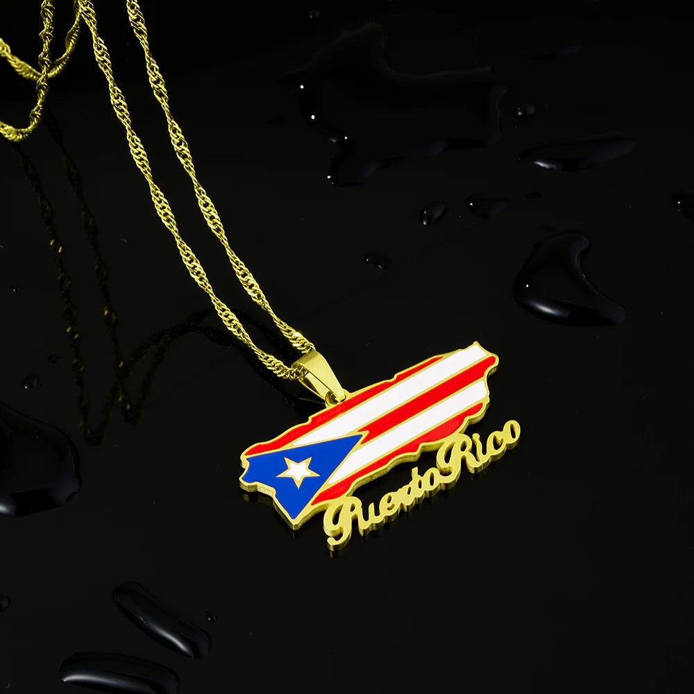 Fashion Stainless Steel US Puerto Rico Map Flag Pendant Necklace for Men Women Gold Silver Color Maps Jewelry Gift - Metal Color: N156-5, Length: 50cm