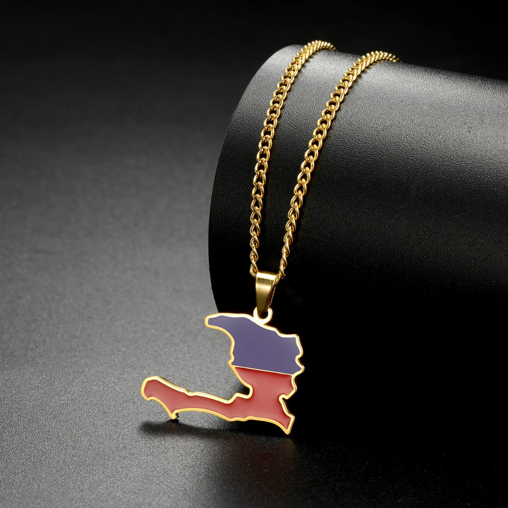 Haiti Map Color of the Haitian Flag Creative Design Pendant Necklace Women Men Stainless Steel Chain Jewelry Birthday Gift