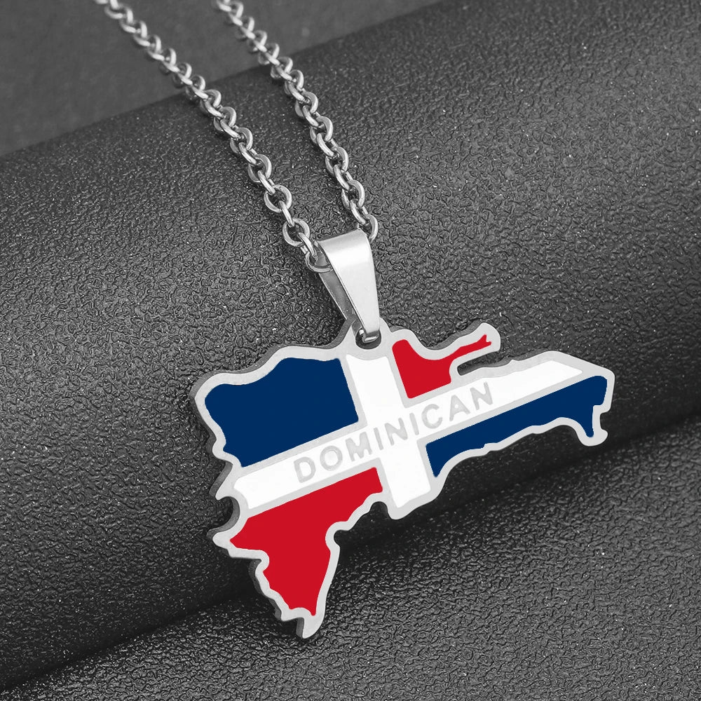 New Dominican Map Flag Pendant Necklace Stainless Steel Men Women Gold/Steel Color Dominicana Maps Jewelry Gift - Metal Color: Dominica Steel, Length: 50cm
