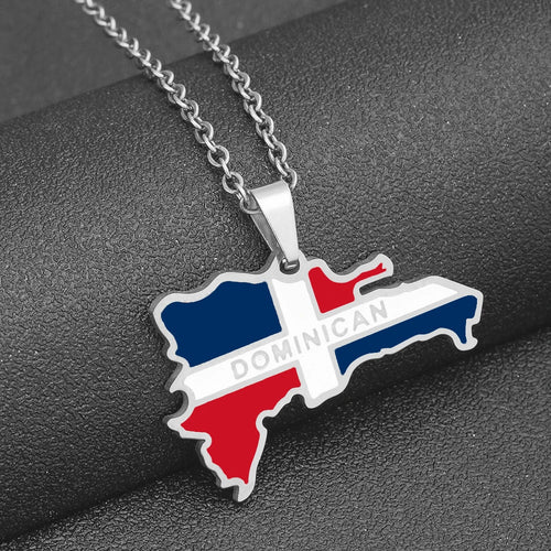 New Dominican Map Flag Pendant Necklace Stainless Steel Men Women Gold/Steel Color Dominicana Maps Jewelry Gift - Metal Color: Dominica Steel, Length: 50cm