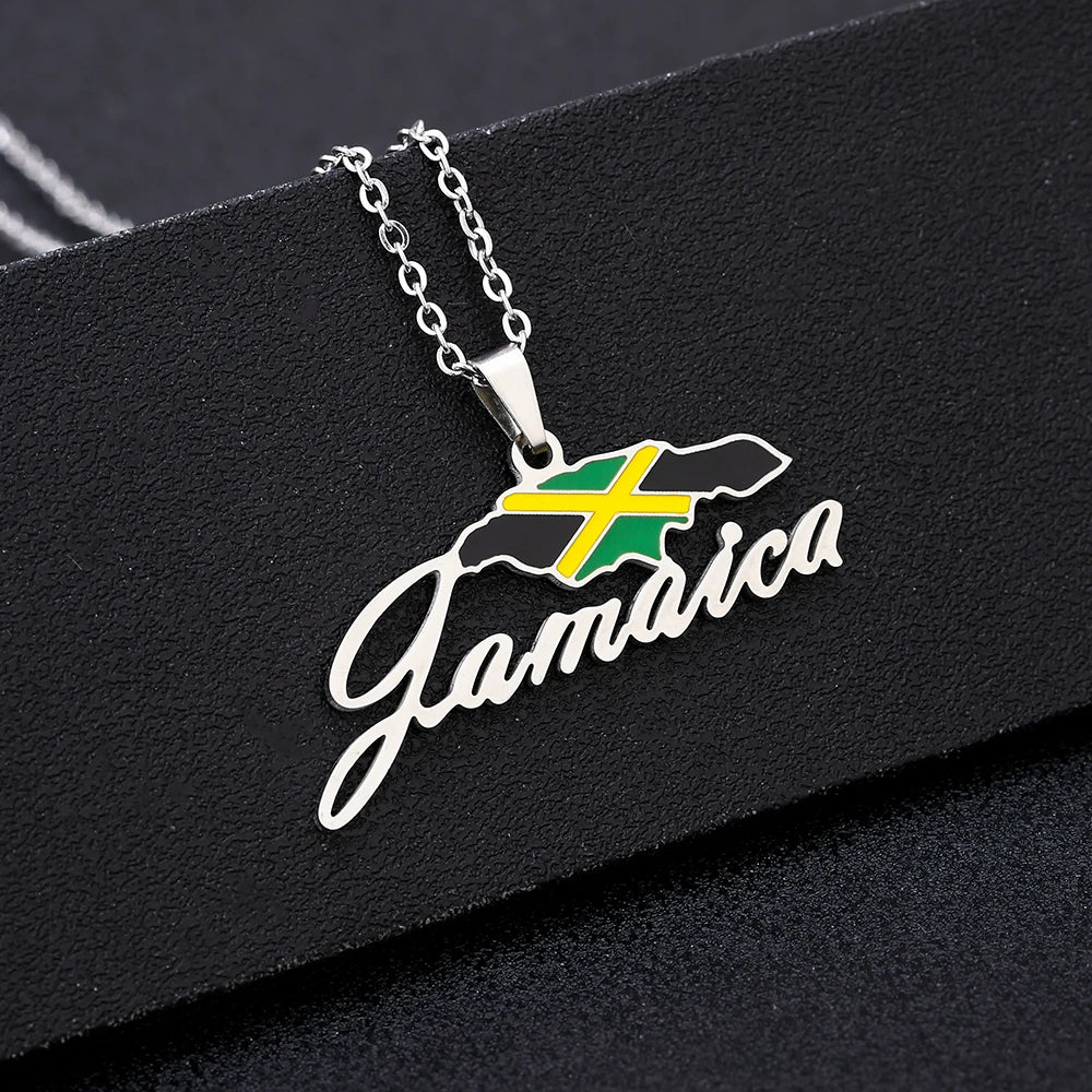 2026New 1Pcs Stainless Steel Jamaica Oil Map Flag Pendant Necklace Couple Pendant Necklace Sweater Chain - Metal Color: 02, Length: 60cm