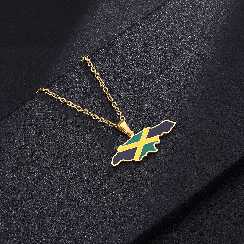 2026New 1Pcs Stainless Steel Jamaica Oil Map Flag Pendant Necklace Couple Pendant Necklace Sweater Chain - Metal Color: 03, Length: 60cm