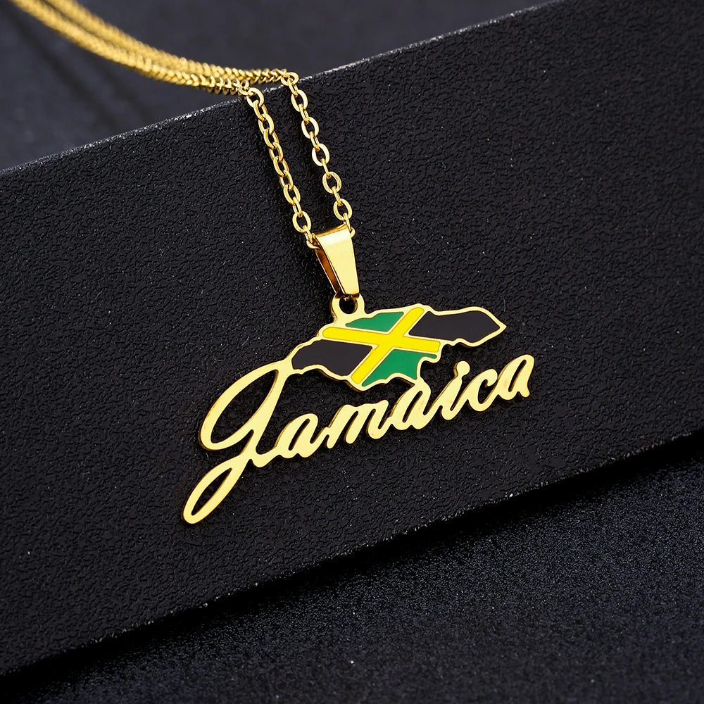 2026New 1Pcs Stainless Steel Jamaica Oil Map Flag Pendant Necklace Couple Pendant Necklace Sweater Chain - Metal Color: 01, Length: 50cm