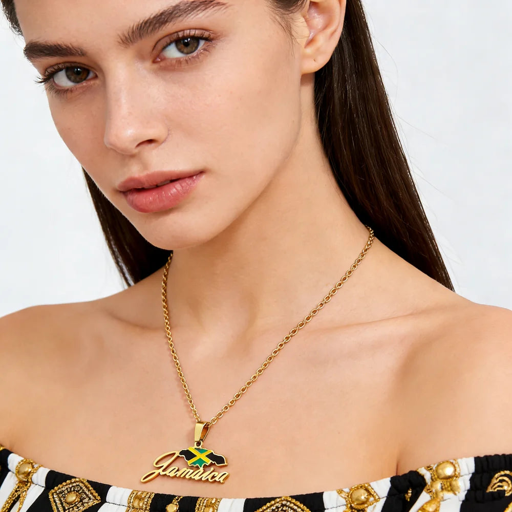 2026New 1Pcs Stainless Steel Jamaica Oil Map Flag Pendant Necklace Couple Pendant Necklace Sweater Chain