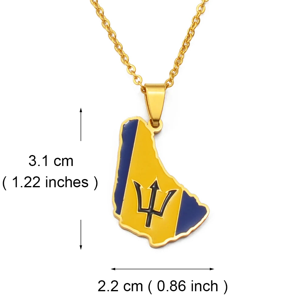 Anniyo 3.1cm Barbados Map Flag Pendant Necklaces Barbados Maps Caribbean Sea Jewelry Stainless Steel Material @098321B - Metal Color: Gold Plated, Length: 60cm or 23.6 Inches