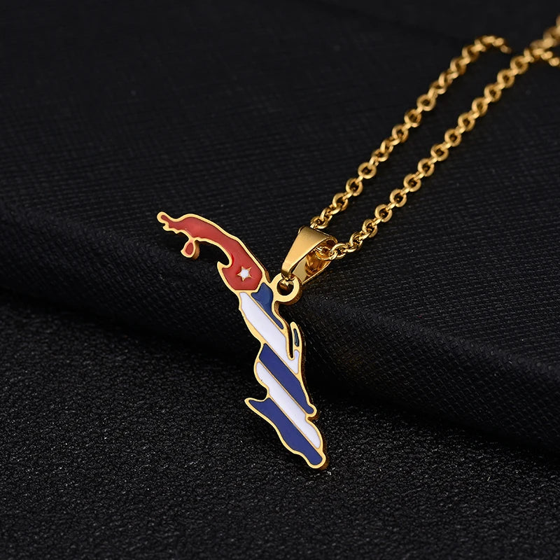 Stainless steel Cuba Map Flag Pendant Necklaces for Men Women Gold/Steel color Small Size Map jewelry Anniversary Gift