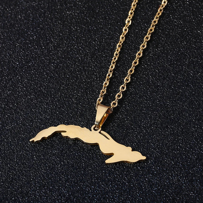 Stainless steel Cuba Map Flag Pendant Necklaces for Men Women Gold/Steel color Small Size Map jewelry Anniversary Gift