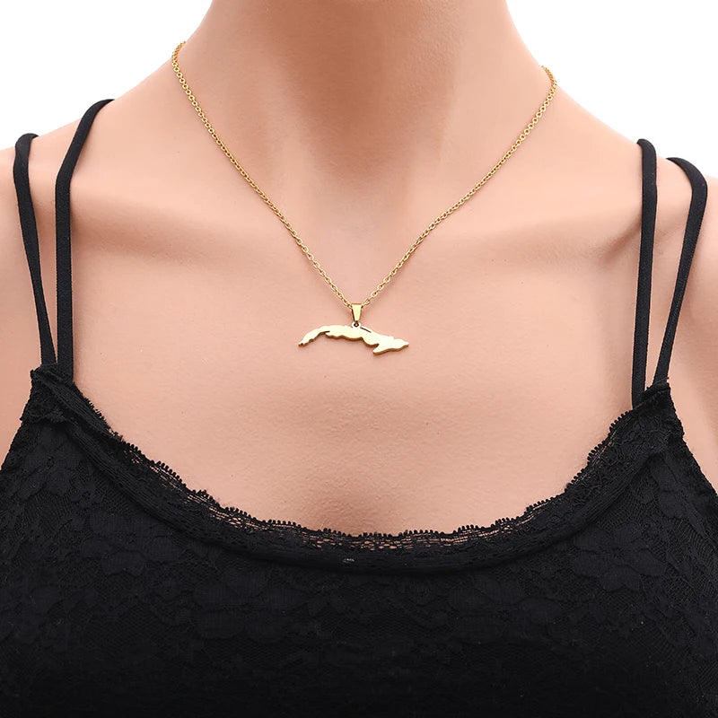 Stainless steel Cuba Map Flag Pendant Necklaces for Men Women Gold/Steel color Small Size Map jewelry Anniversary Gift