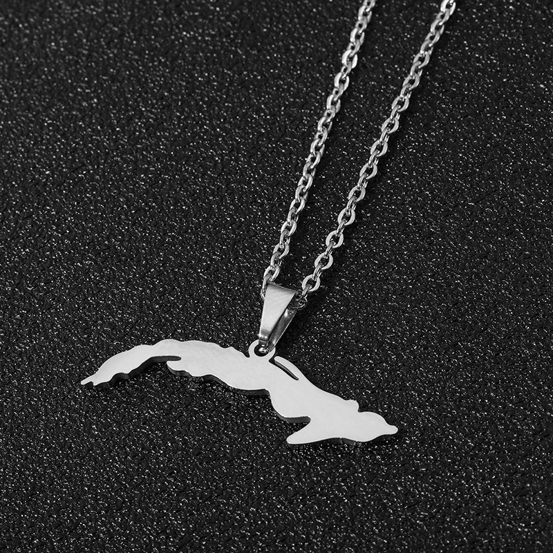 Stainless steel Cuba Map Flag Pendant Necklaces for Men Women Gold/Steel color Small Size Map jewelry Anniversary Gift - Metal Color: Steel, Length: 60cm
