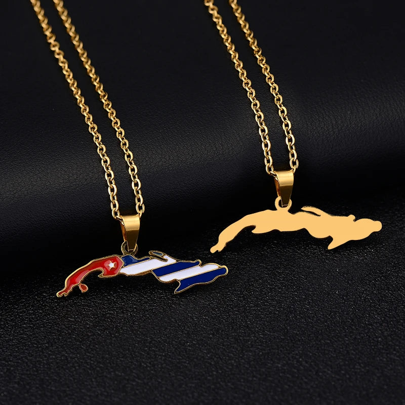 Stainless steel Cuba Map Flag Pendant Necklaces for Men Women Gold/Steel color Small Size Map jewelry Anniversary Gift