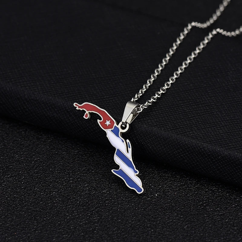 Stainless steel Cuba Map Flag Pendant Necklaces for Men Women Gold/Steel color Small Size Map jewelry Anniversary Gift - Metal Color: Steel Flag, Length: 60cm