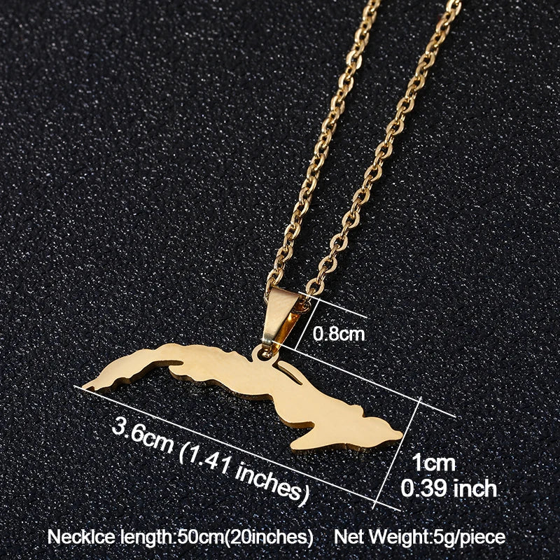 Stainless steel Cuba Map Flag Pendant Necklaces for Men Women Gold/Steel color Small Size Map jewelry Anniversary Gift - Metal Color: Gold, Length: 60cm