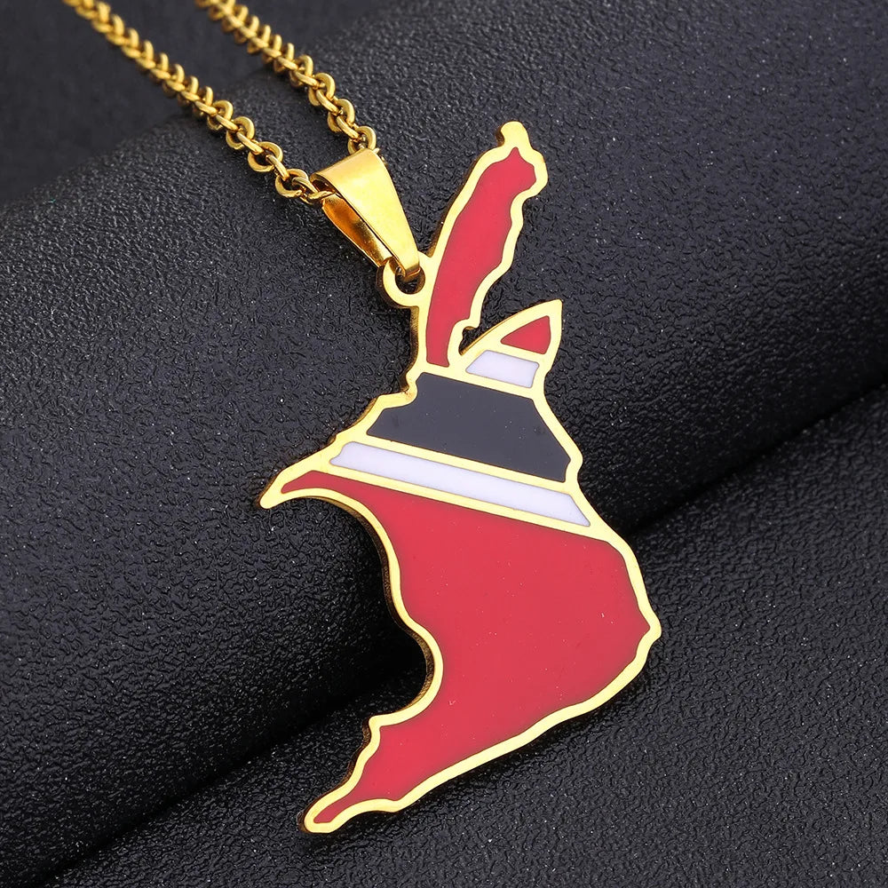 2024 New fashion stainless steel Trinidad and Tobago Map necklace for men and women geometric ethnic style collarbone chain Memo - Metal Color: golden